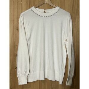Liz Claiborne XL Ivory Long Sleeve Sweater Pearls and Rhinestones at Collar